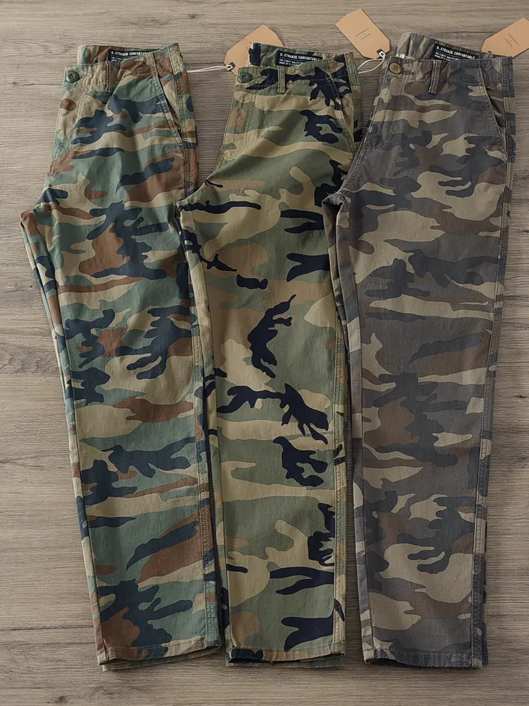 2025 Spring Autumn New American Rerto Woven Twill Camouflage Cargo Pants Men's 97% Cotton Washed Loose Straight Casual Trousers