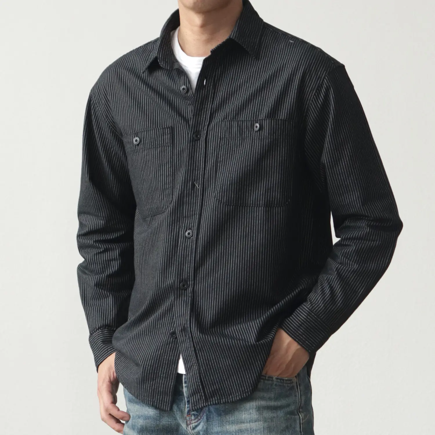 2025 Spring New Japanese Retro Long Sleeve Lapel Cargo Striped Shirt Men's Simple 100% Cotton Washed Pocket Casual Loose Blouses