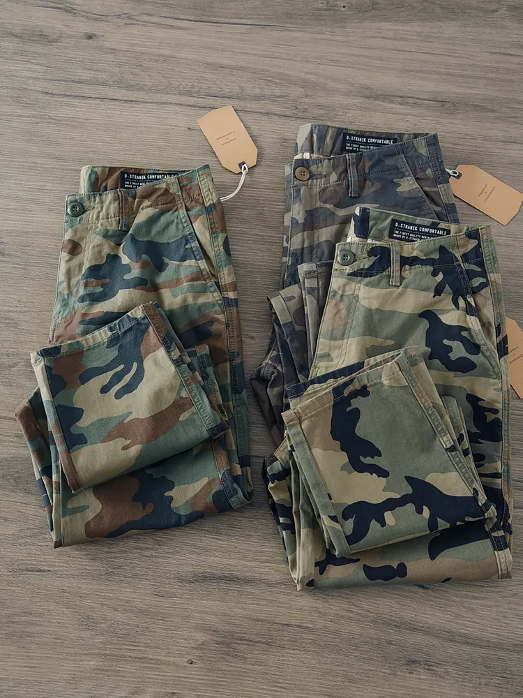 2025 Spring Autumn New American Rerto Woven Twill Camouflage Cargo Pants Men's 97% Cotton Washed Loose Straight Casual Trousers