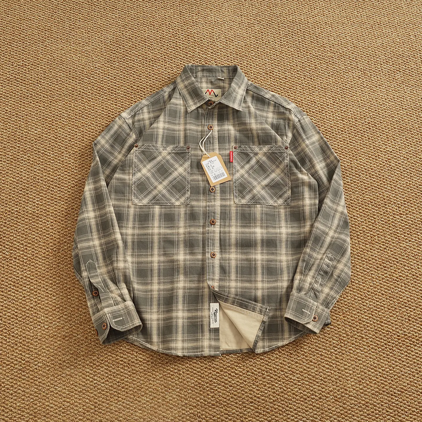 2025 Autumn New Japanese Retro Long-Sleeve Lapel Plaid Cargo Shirt Men's Simple 100% Cotton Washed Double Pocket Casual Blouses
