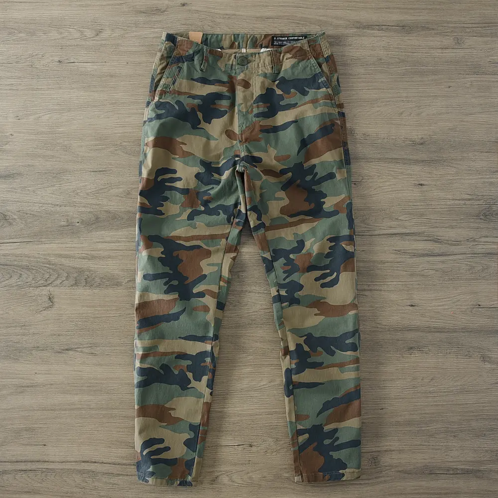2025 Spring Autumn New American Rerto Woven Twill Camouflage Cargo Pants Men's 97% Cotton Washed Loose Straight Casual Trousers