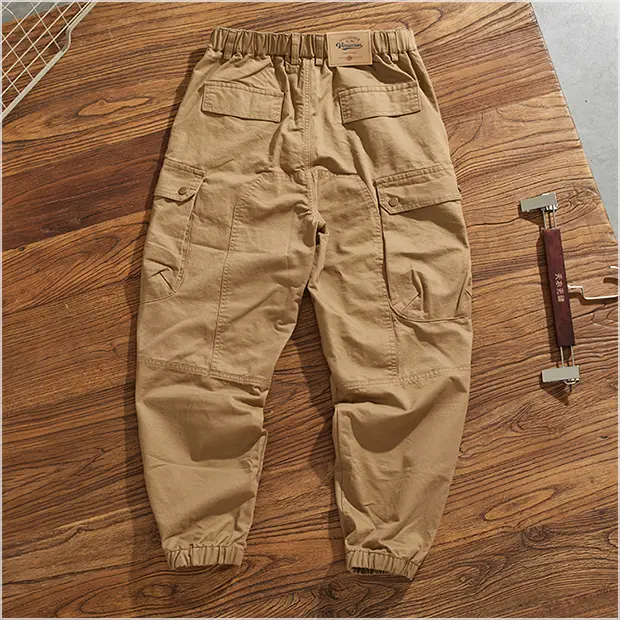 2025 Spring American Retro Woven Cargo Pants Men's Simple 100% Cotton Washed Elastic Waist Straight Casual Ankle-tied Trousers