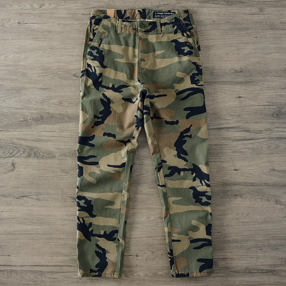 2025 Spring Autumn New American Rerto Woven Twill Camouflage Cargo Pants Men's 97% Cotton Washed Loose Straight Casual Trousers
