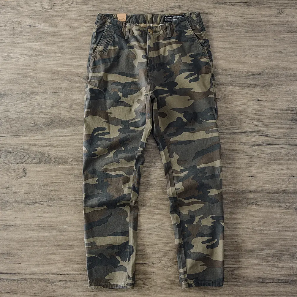 2025 Spring Autumn New American Rerto Woven Twill Camouflage Cargo Pants Men's 97% Cotton Washed Loose Straight Casual Trousers