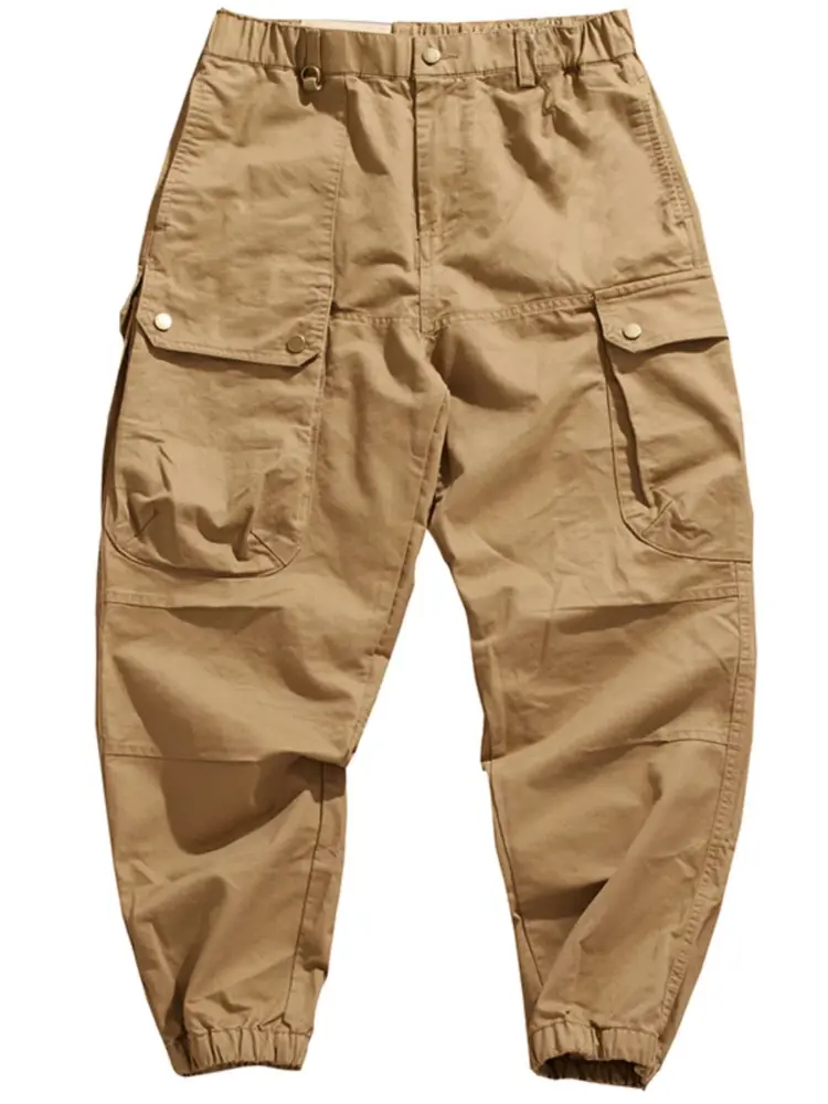 2025 Spring American Retro Woven Cargo Pants Men's Simple 100% Cotton Washed Elastic Waist Straight Casual Ankle-tied Trousers