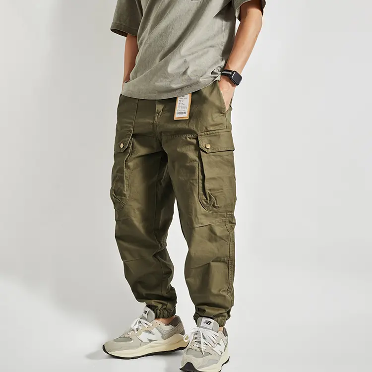 2025 Spring American Retro Woven Cargo Pants Men's Simple 100% Cotton Washed Elastic Waist Straight Casual Ankle-tied Trousers