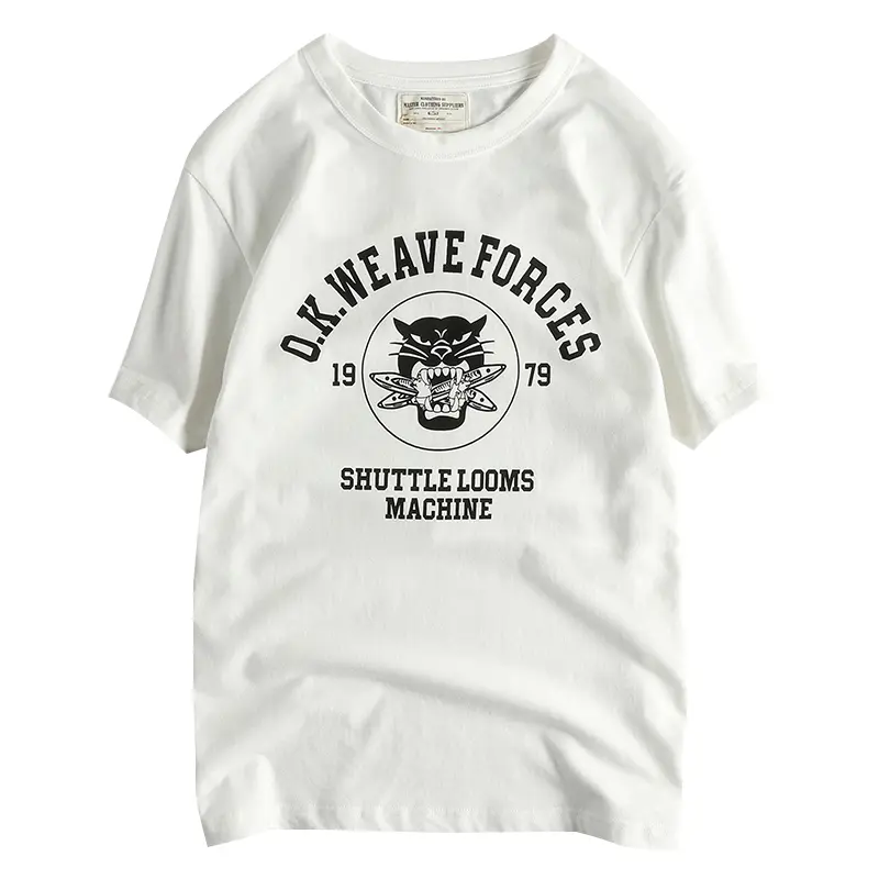2025 Summer New American Retro Short Sleeve O-neck Letter Panther Printed T-shirt Men's Fashion 100% Cotton Washed Casual Tops