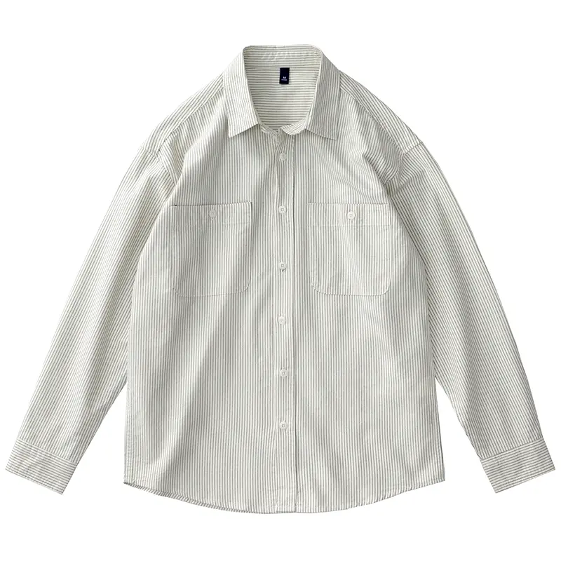 2025 Spring New Japanese Retro Long Sleeve Lapel Cargo Striped Shirt Men's Simple 100% Cotton Washed Pocket Casual Loose Blouses