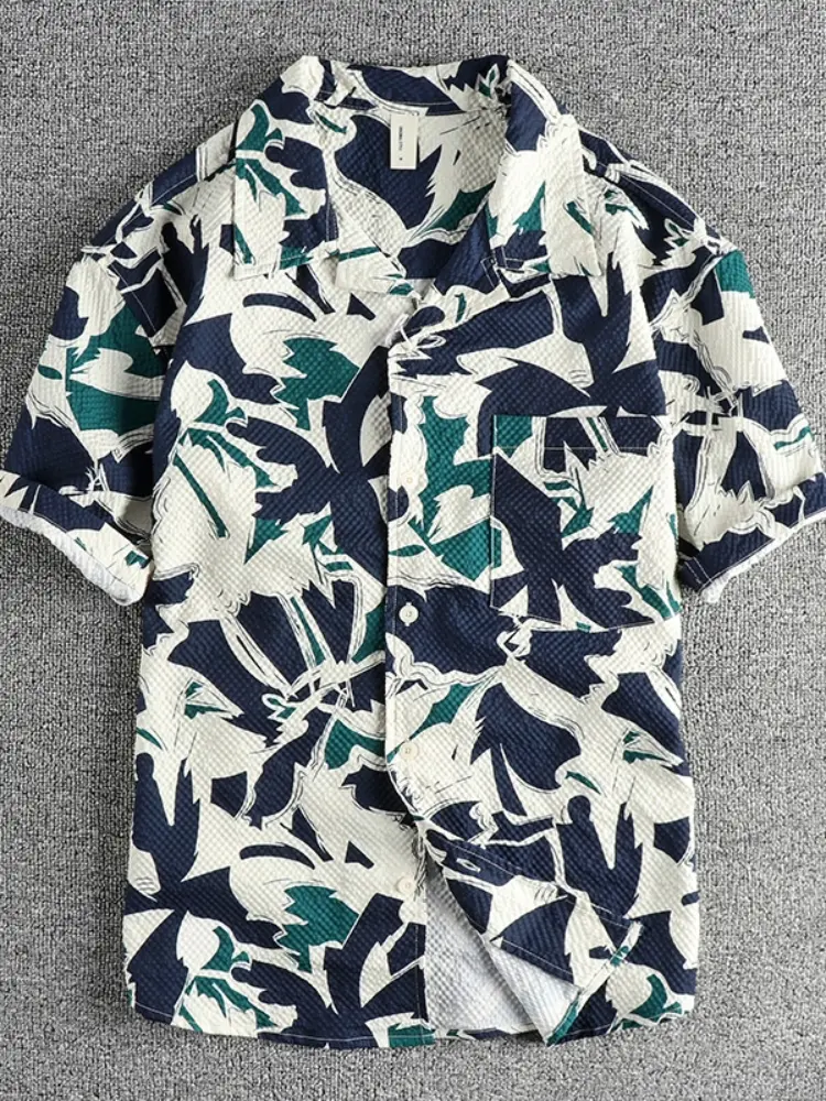 Summer New American Retro Short Sleeve Cuban Collar Hawaiian Print Shirt Men's Fashion Seaside Beach Loose Casual Flower Blouses