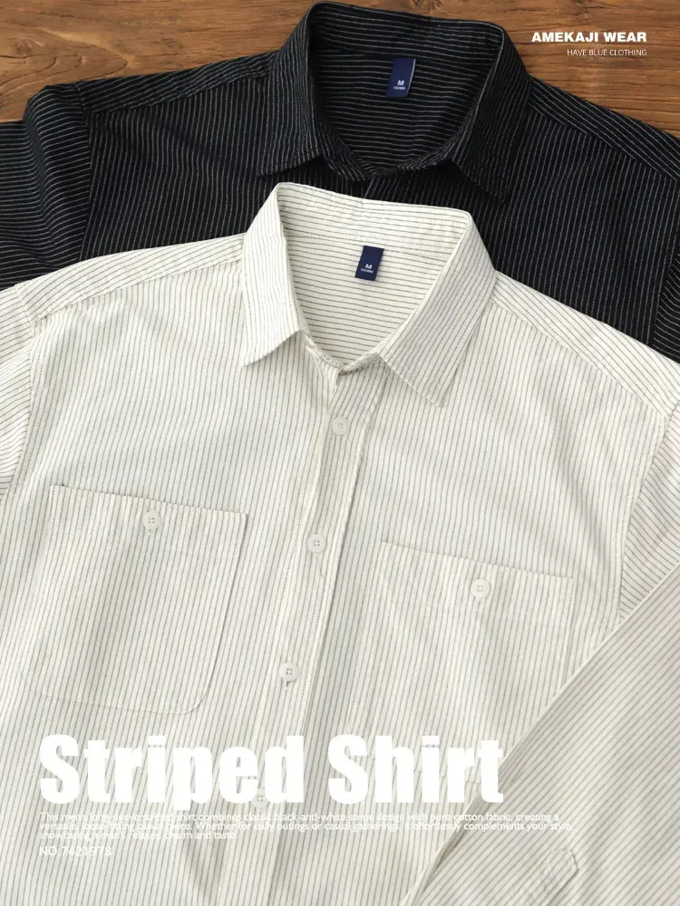 2025 Spring New Japanese Retro Long Sleeve Lapel Cargo Striped Shirt Men's Simple 100% Cotton Washed Pocket Casual Loose Blouses