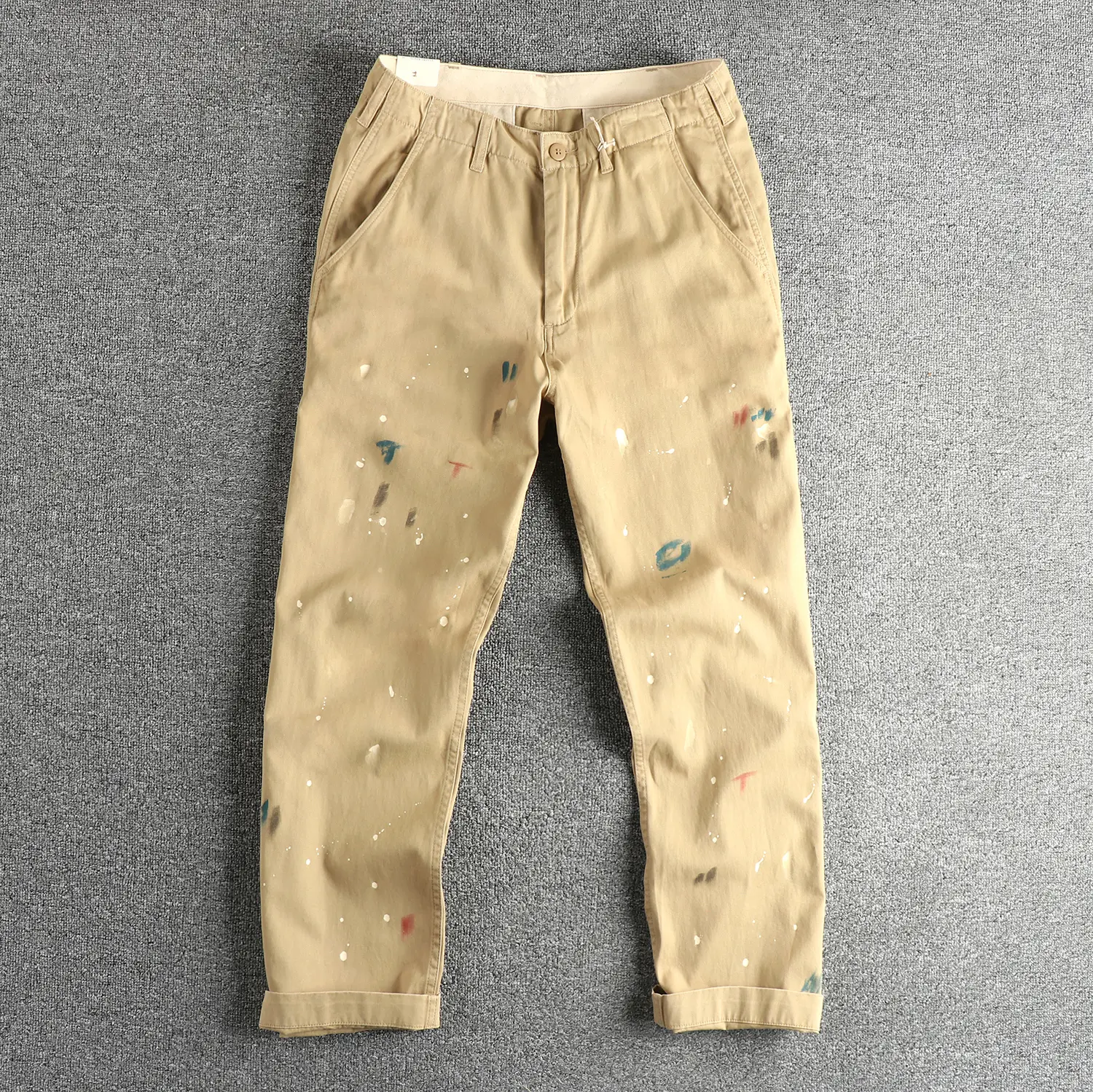 Spring New Japanese Retro Woven Twill Ink Printed Cargo Pants Men's 100% Cotton Washed Casual Loose Straight Wide Leg Trousers