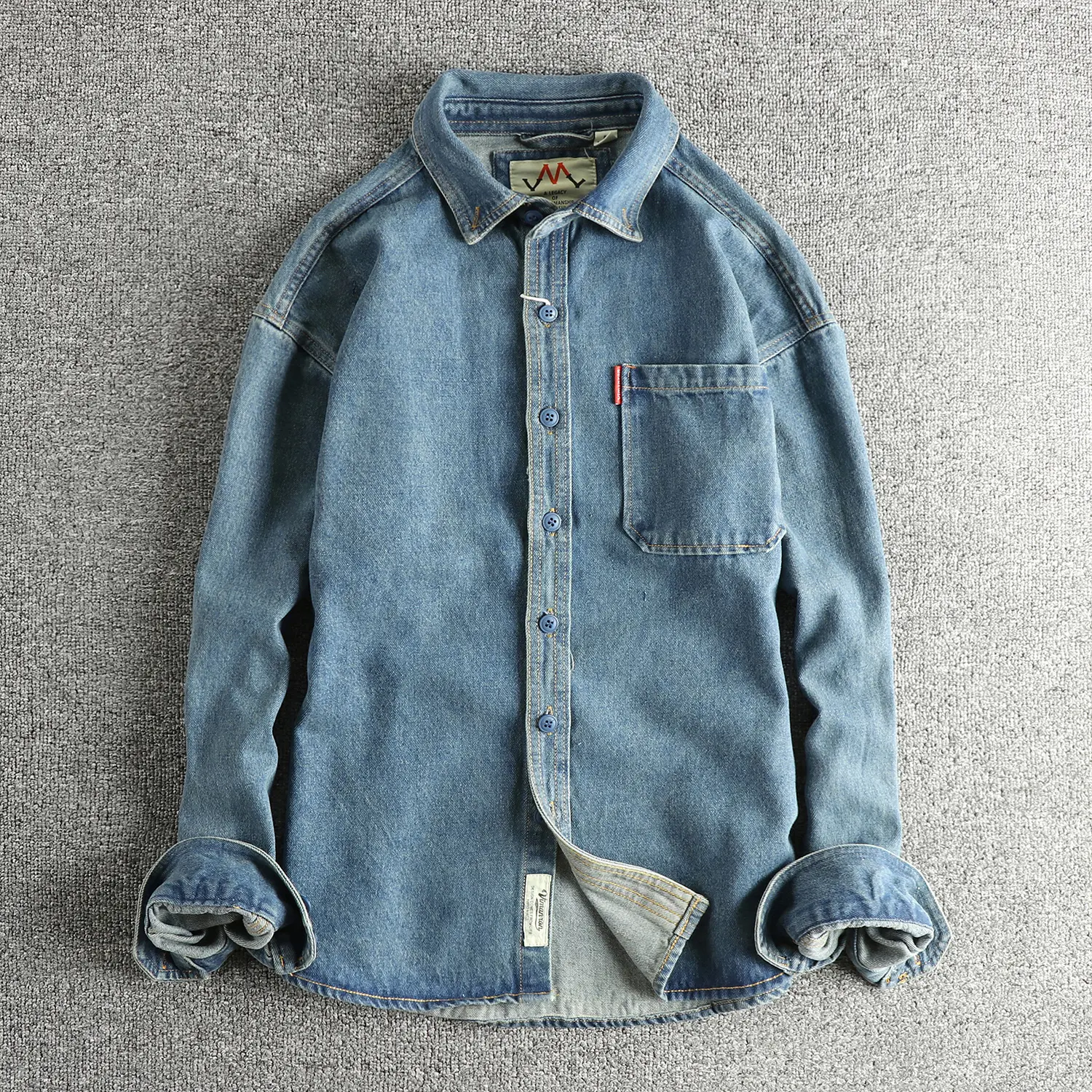 2025 Men's Autumn Retro Heavyweight Denim Cargo Shirt Single Pocket 100% Cotton Washed Casual Thin Jacket Simple American Style