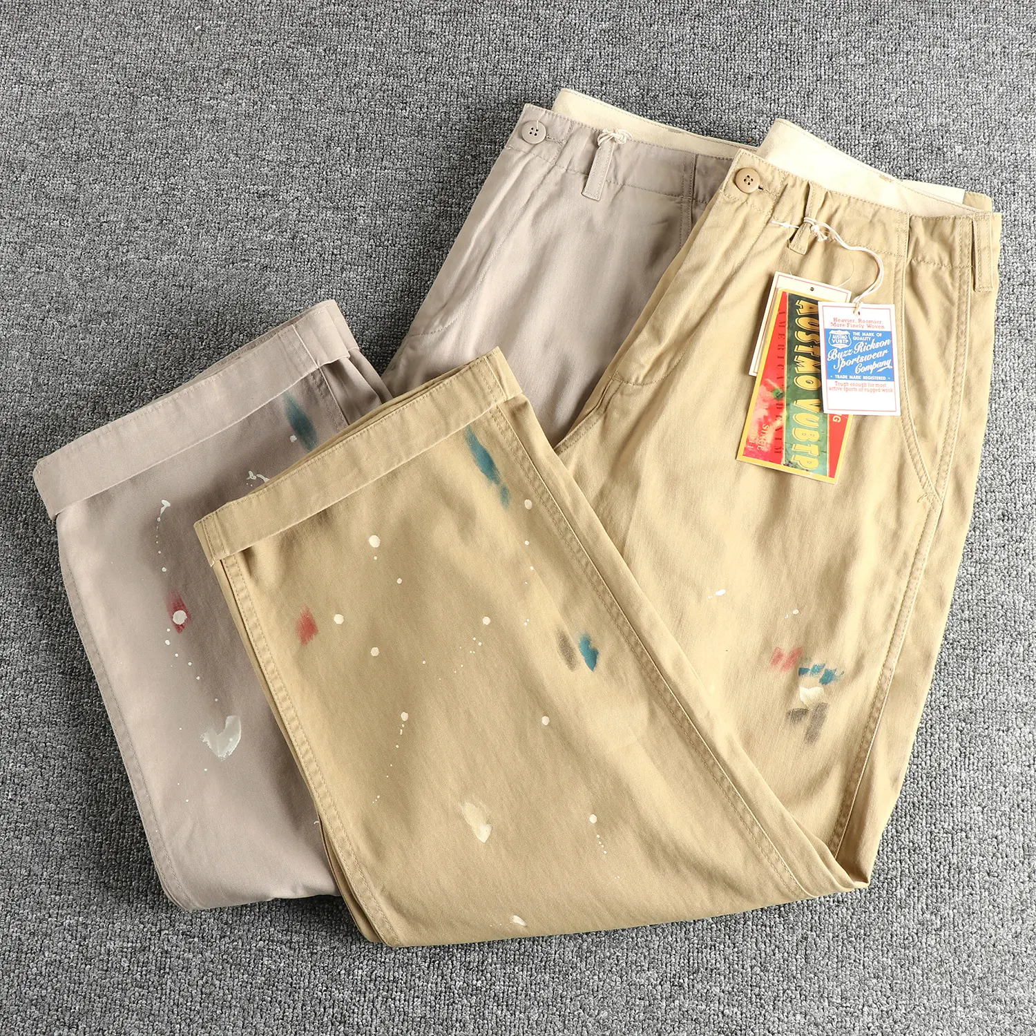 Spring New Japanese Retro Woven Twill Ink Printed Cargo Pants Men's 100% Cotton Washed Casual Loose Straight Wide Leg Trousers