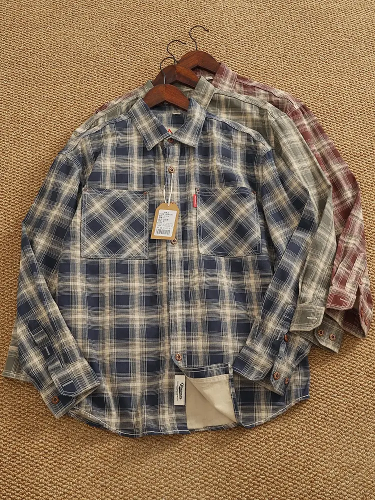 2025 Autumn New Japanese Retro Long-Sleeve Lapel Plaid Cargo Shirt Men's Simple 100% Cotton Washed Double Pocket Casual Blouses