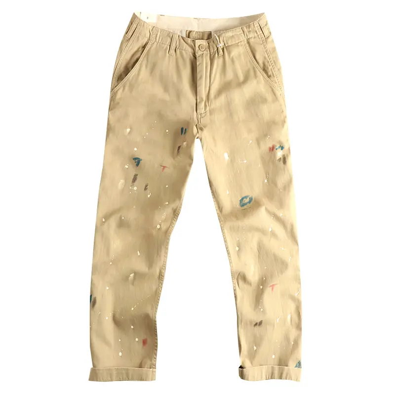 Spring New Japanese Retro Woven Twill Ink Printed Cargo Pants Men's 100% Cotton Washed Casual Loose Straight Wide Leg Trousers