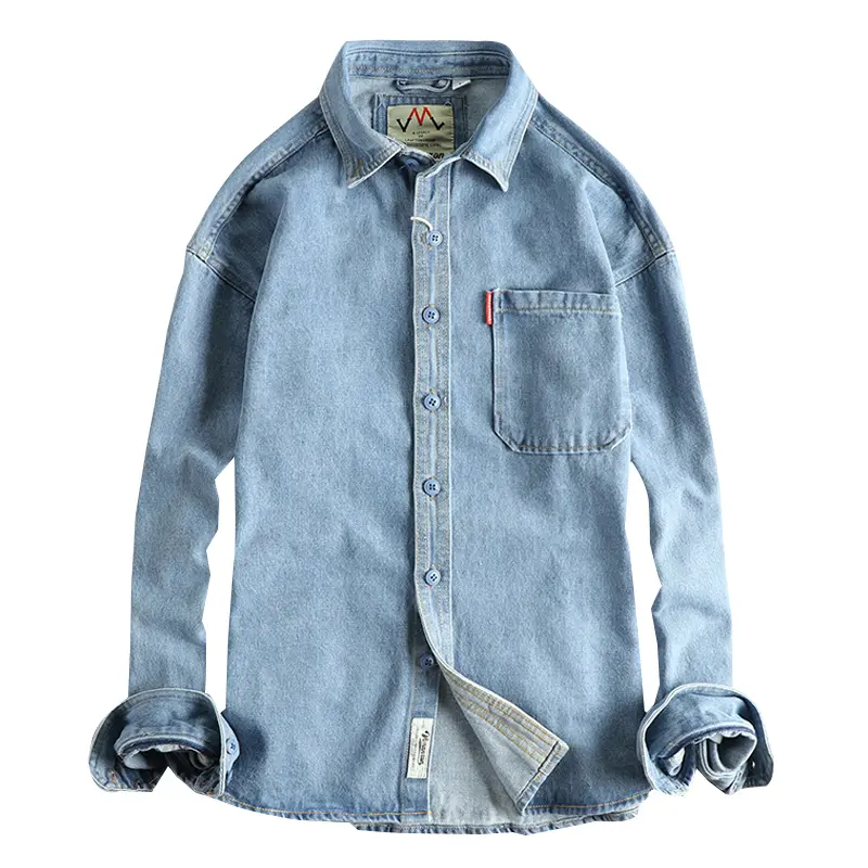 2025 Men's Autumn Retro Heavyweight Denim Cargo Shirt Single Pocket 100% Cotton Washed Casual Thin Jacket Simple American Style