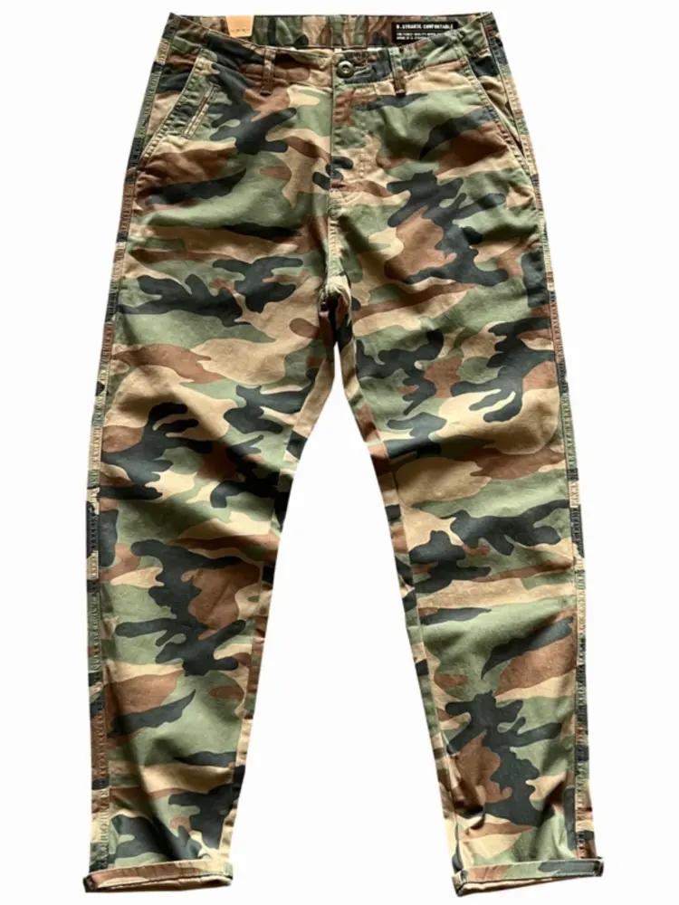 2025 Spring and Autumn American Rerto Woven Camouflage Cargo Pants Men's Amekaji 97% Cotton Washed Straight Casual  Trousers