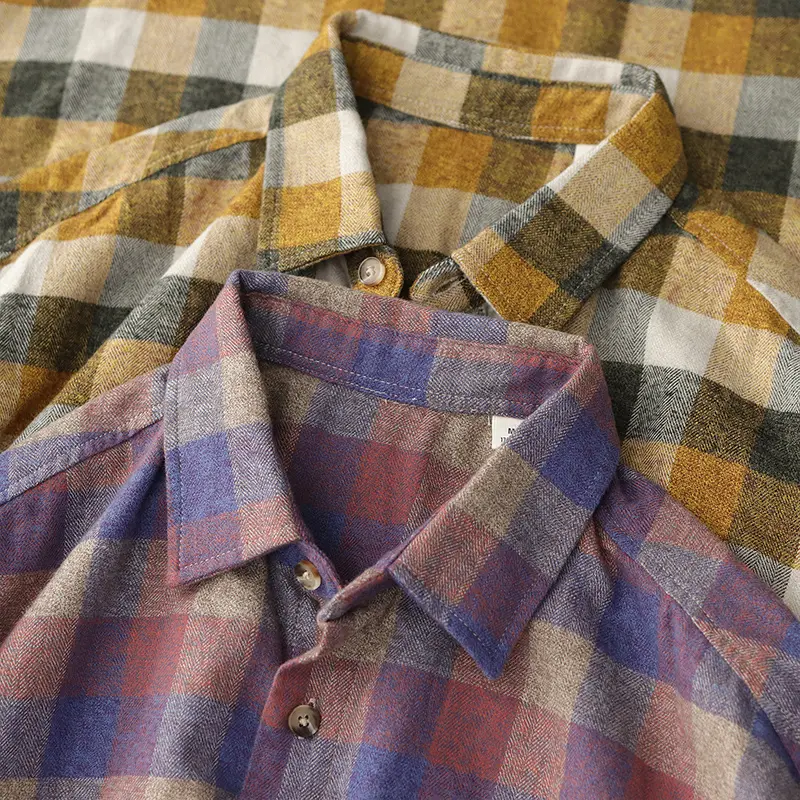 2025 Spring New American Retro Long Sleeve Brushed Fabric Plaid Shirt Men's Simple 100% Cotton Double Pocket Casual Blouses Coat