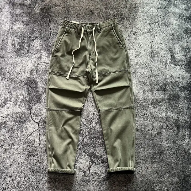 2024 Winter New American Retro Thickened Velvet Cargo Pants Men's Simple 100% Cotton Washed Drawstring Straight Casual Trousers