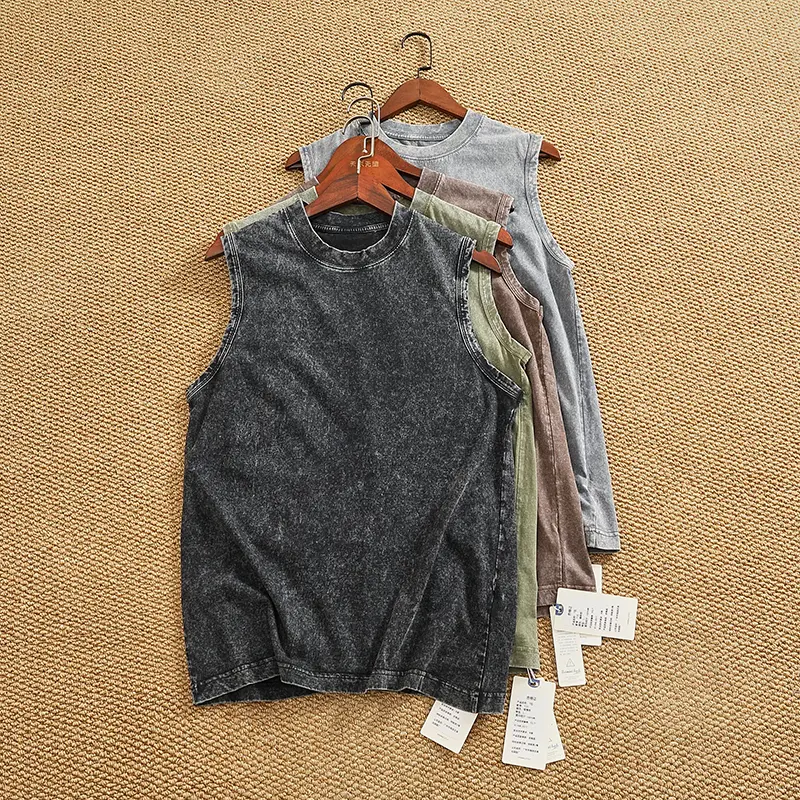 Summer New American Retro Sleeveless O-neck Soild Color Batik T-shirt Men's Fashion 100% Cotton Washed Old Casual Sports Vest