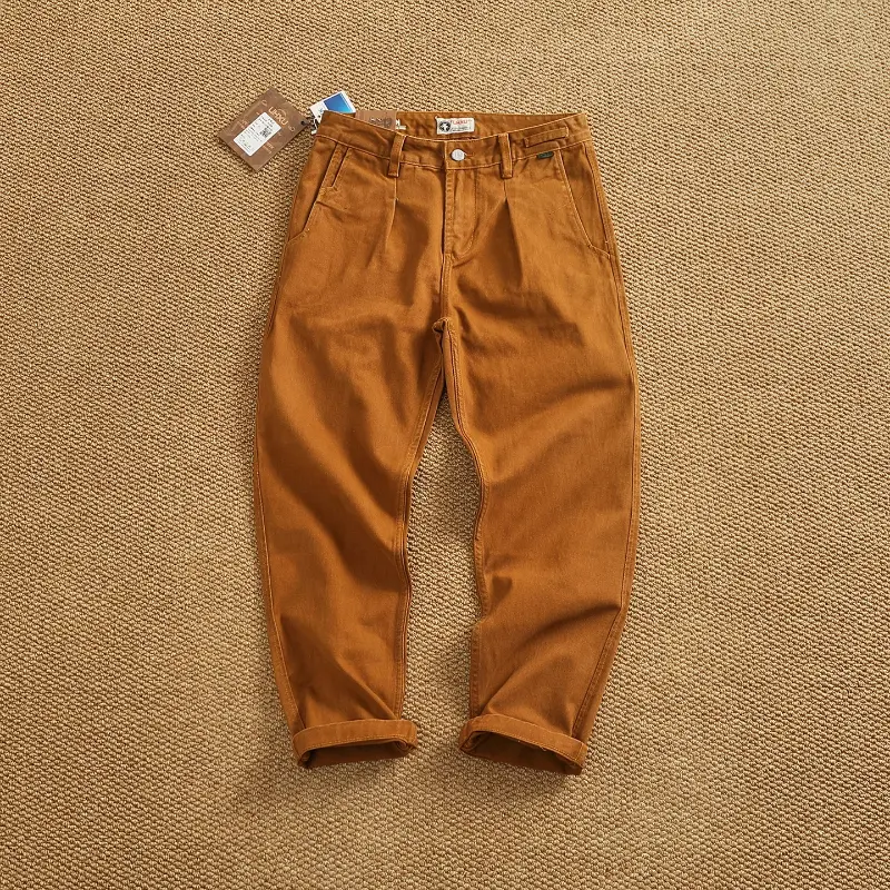 2025 Autumn New Japanese Retro Heavyweight Woven Cargo Pants Men's Fashion 100% Cotton Washed Casual Loose Chino Casual Trousers