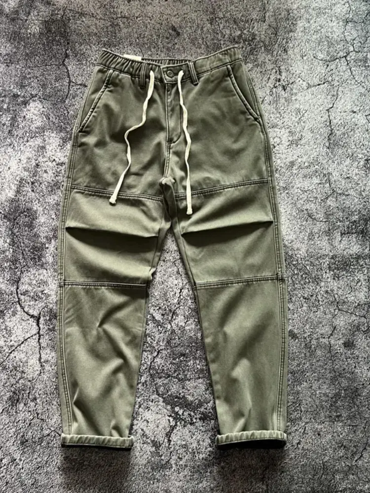 2024 Winter New American Retro Thickened Velvet Cargo Pants Men's Simple 100% Cotton Washed Drawstring Straight Casual Trousers