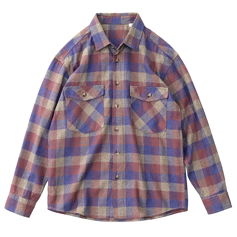 2025 Spring New American Retro Long Sleeve Brushed Fabric Plaid Shirt Men's Simple 100% Cotton Double Pocket Casual Blouses Coat