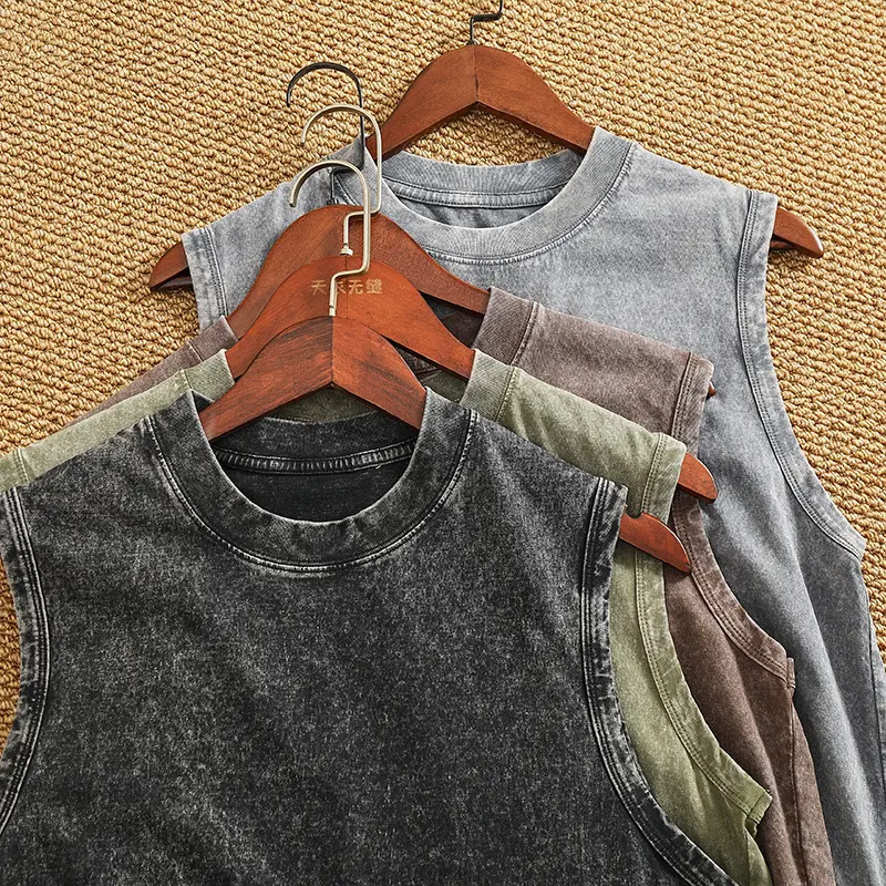Summer New American Retro Sleeveless O-neck Soild Color Batik T-shirt Men's Fashion 100% Cotton Washed Old Casual Sports Vest