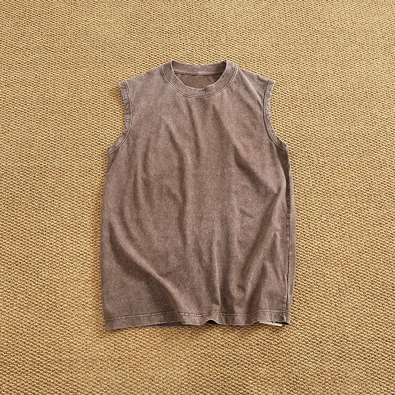 Summer New American Retro Sleeveless O-neck Soild Color Batik T-shirt Men's Fashion 100% Cotton Washed Old Casual Sports Vest