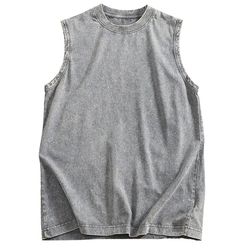 Summer New American Retro Sleeveless O-neck Soild Color Batik T-shirt Men's Fashion 100% Cotton Washed Old Casual Sports Vest