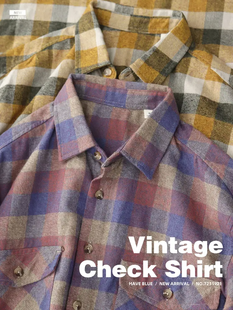 2025 Spring New American Retro Long Sleeve Brushed Fabric Plaid Shirt Men's Simple 100% Cotton Double Pocket Casual Blouses Coat