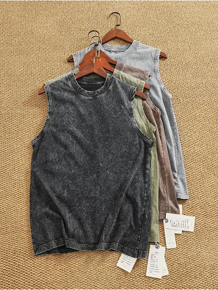 Summer New American Retro Sleeveless O-neck Soild Color Batik T-shirt Men's Fashion 100% Cotton Washed Old Casual Sports Vest
