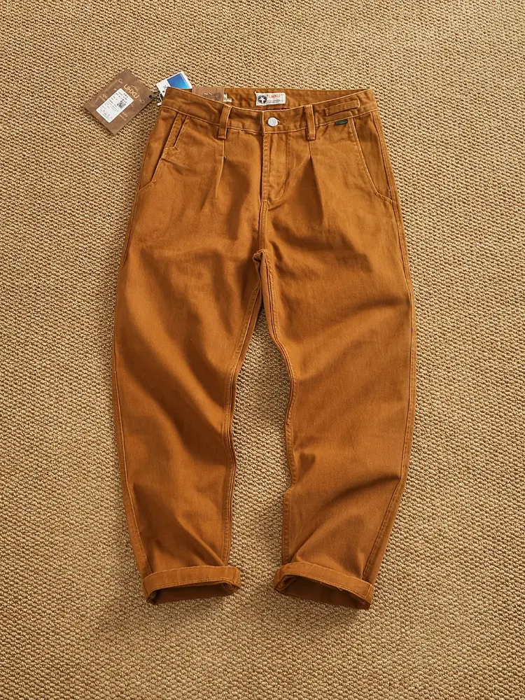 2025 Autumn New Japanese Retro Heavyweight Woven Cargo Pants Men's Fashion 100% Cotton Washed Casual Loose Chino Casual Trousers