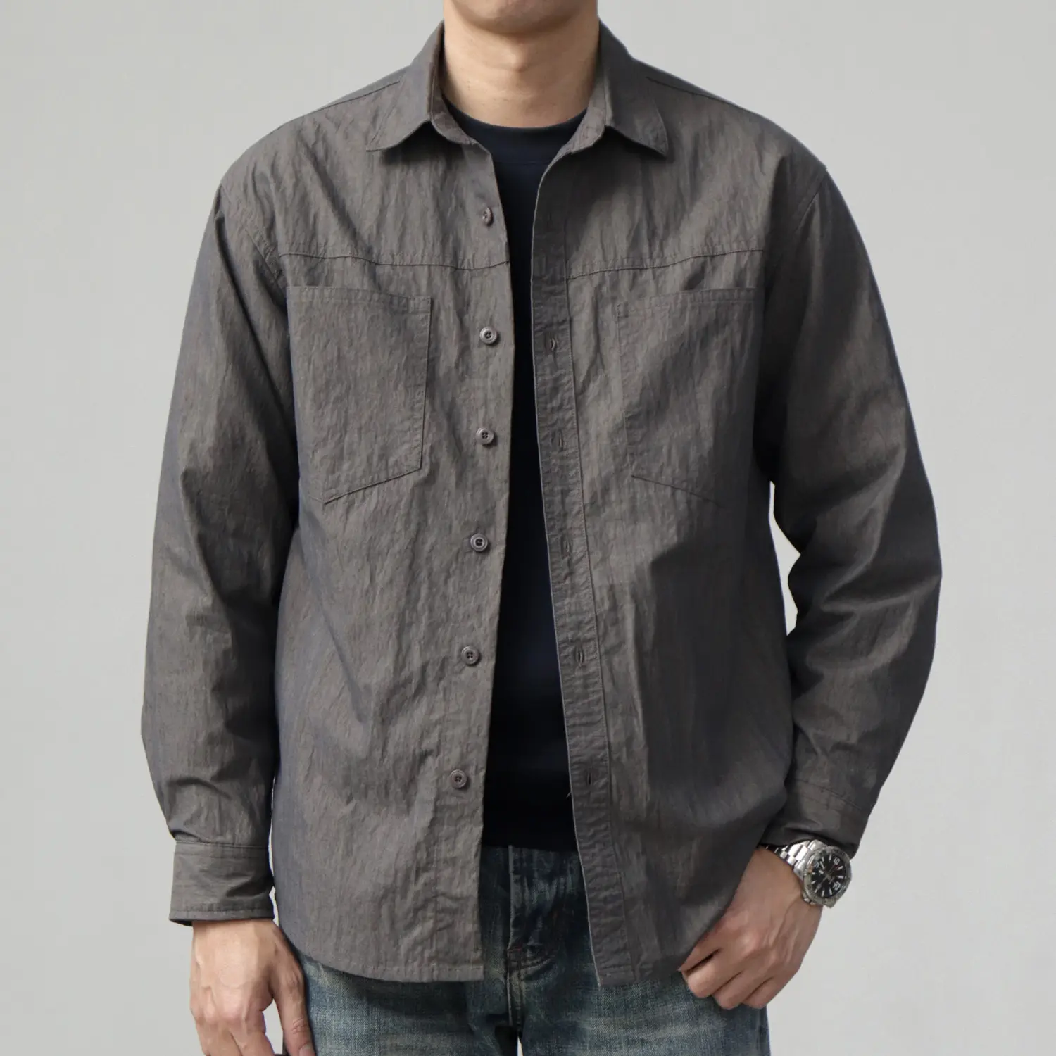 2025 Spring New Japanese Retro Long Sleeve Lapel Cargo Shirt Men's Yama Style Oil Wax Old Double Pocket Casual Loose Blouses