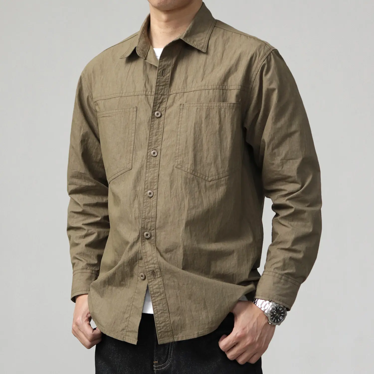 2025 Spring New Japanese Retro Long Sleeve Lapel Cargo Shirt Men's Yama Style Oil Wax Old Double Pocket Casual Loose Blouses