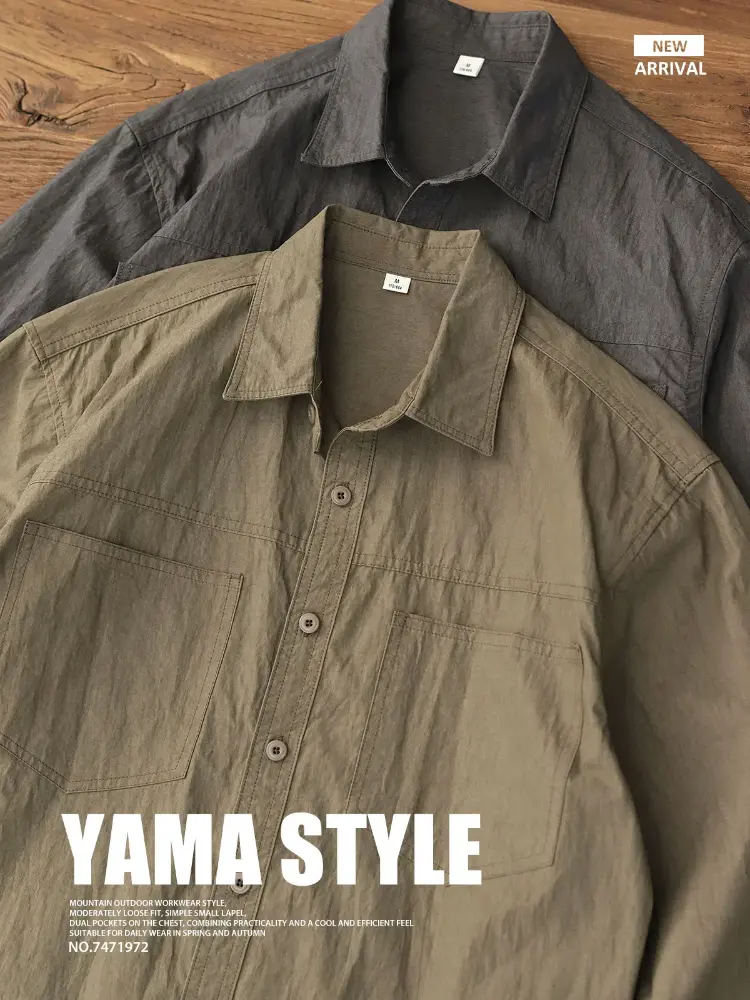 2025 Spring New Japanese Retro Long Sleeve Lapel Cargo Shirt Men's Yama Style Oil Wax Old Double Pocket Casual Loose Blouses