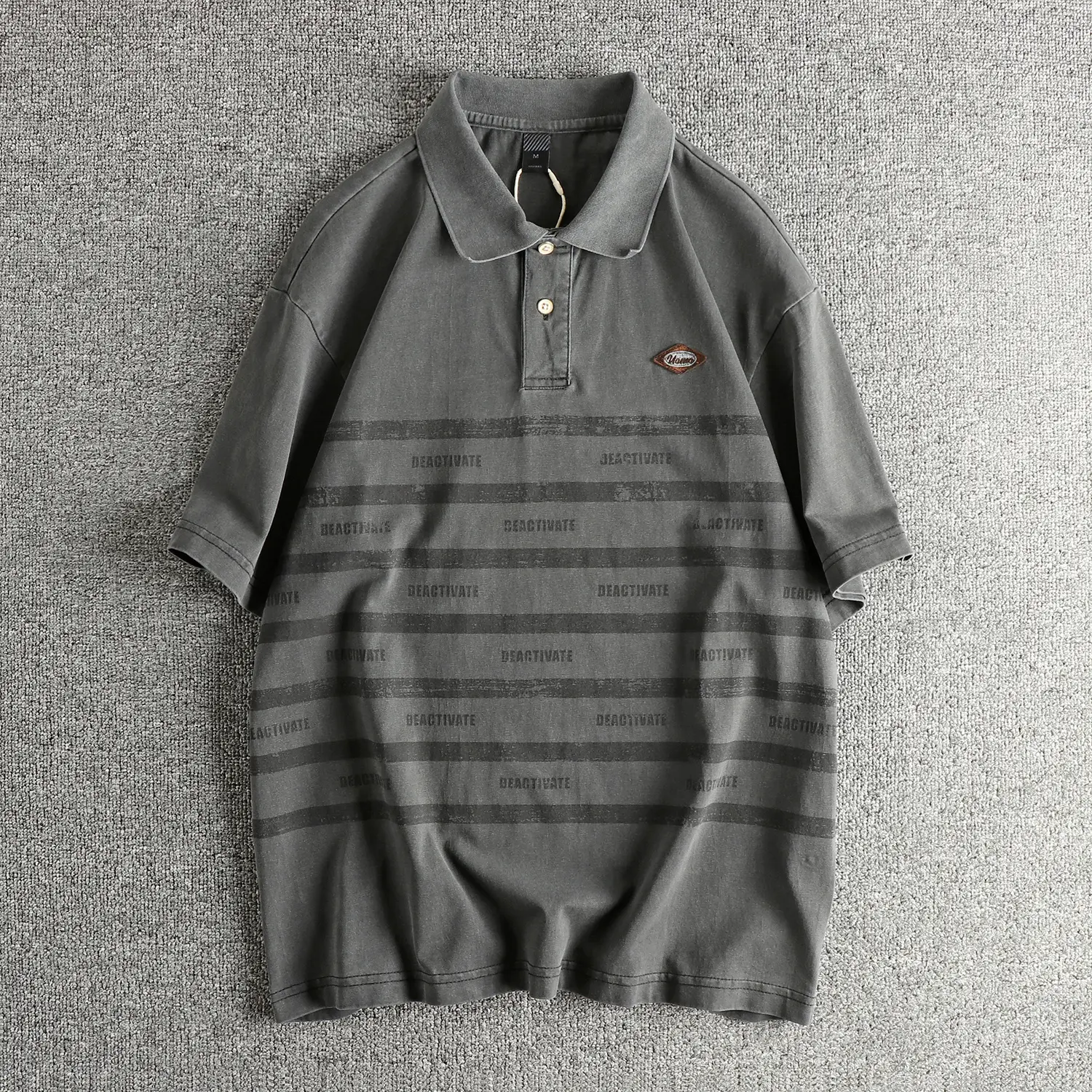 Summer American Retro Short-sleeved Lapel Striped Letter Printed Polo Shirt Men's Fashion 100% Cotton Washed Casual Loose Tops