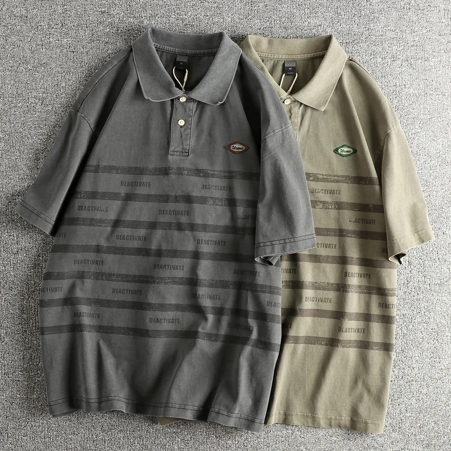 Summer American Retro Short-sleeved Lapel Striped Letter Printed Polo Shirt Men's Fashion 100% Cotton Washed Casual Loose Tops