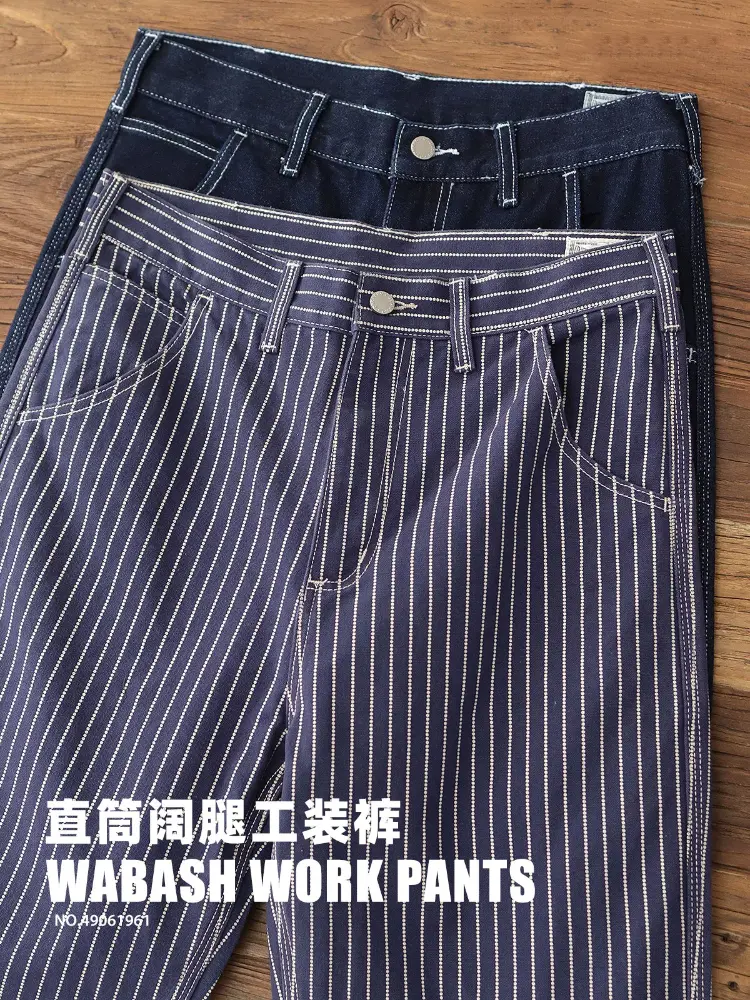2025 Spring New American Retro Heavyweight Denim Striped Cargo Jeans Men's Simple 100% Cotton Washed Loose Casual Straight Pants