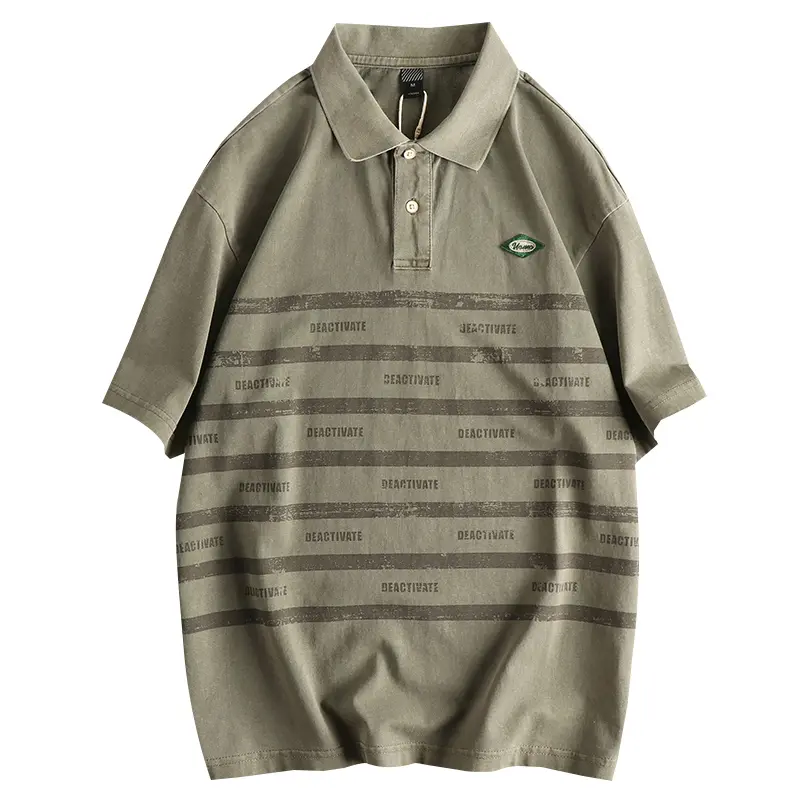 Summer American Retro Short-sleeved Lapel Striped Letter Printed Polo Shirt Men's Fashion 100% Cotton Washed Casual Loose Tops