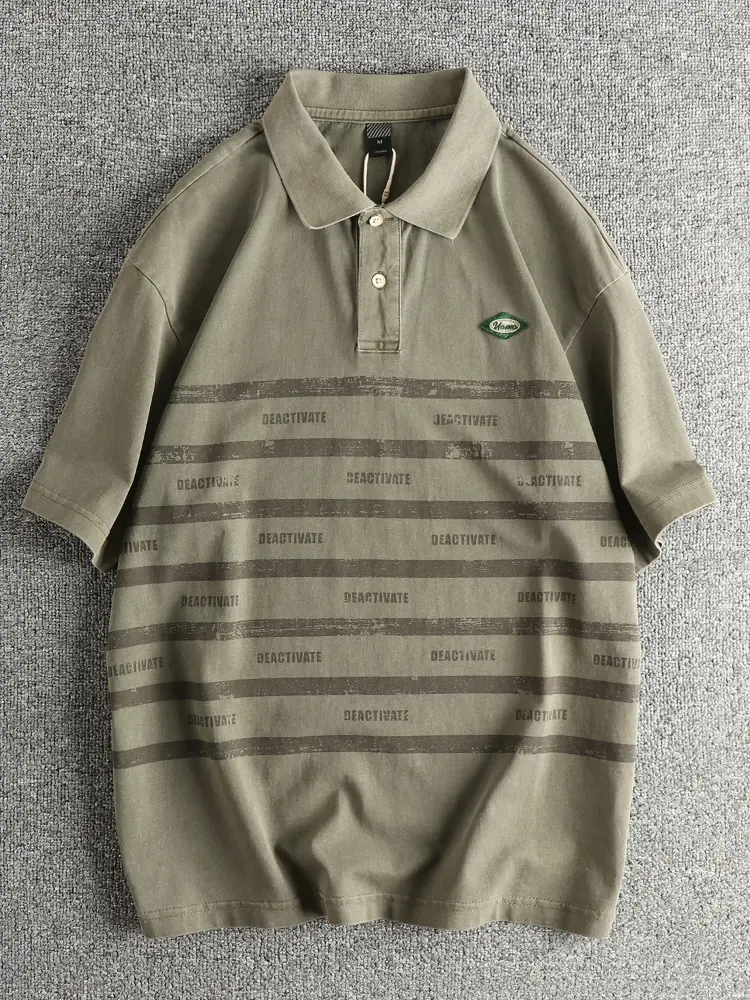 Summer American Retro Short-sleeved Lapel Striped Letter Printed Polo Shirt Men's Fashion 100% Cotton Washed Casual Loose Tops
