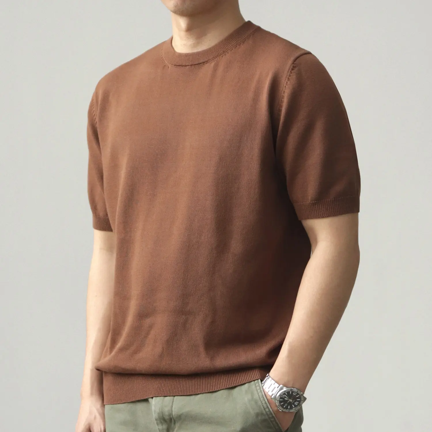 2025 Summer New American Retro Short Sleeve O-neck Solid Color Knitted T-shirt Men's Simple Fashion Amekaji Business Casual Tops