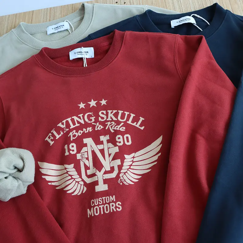 2026 Spring New American Retro Long Sleeve O-neck Letter Wings Printed Sweatshirts Men's Fashion 85% Cotton Pullover Casual Tops