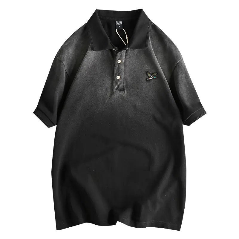 Summer New American Retro Short-sleeved Lapel Bird Embroidered Polo Shirt Men's Fashion 100% Cotton Washed Casual Loose Tops