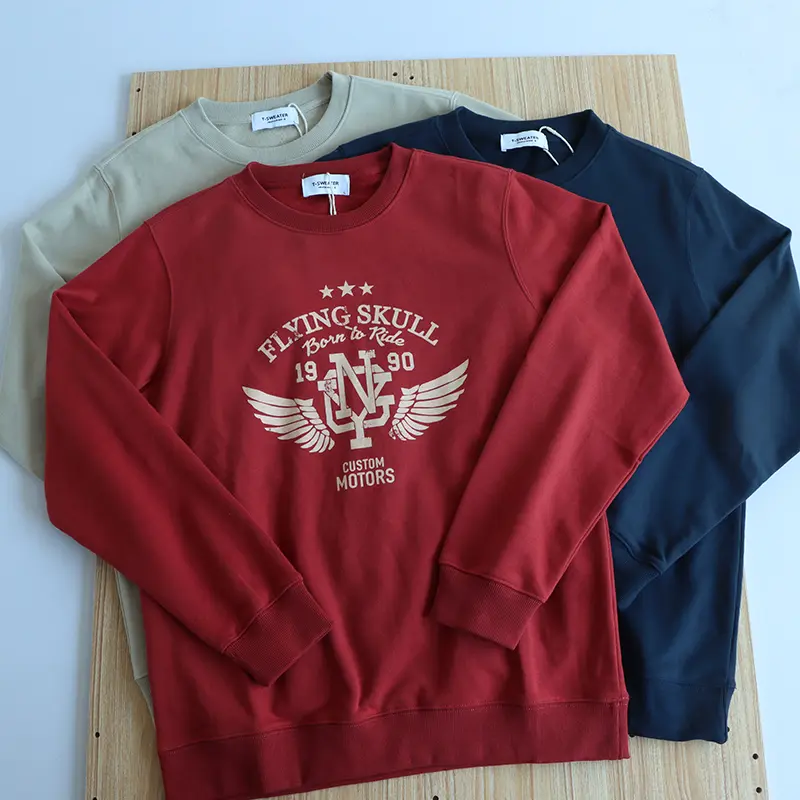 2026 Spring New American Retro Long Sleeve O-neck Letter Wings Printed Sweatshirts Men's Fashion 85% Cotton Pullover Casual Tops