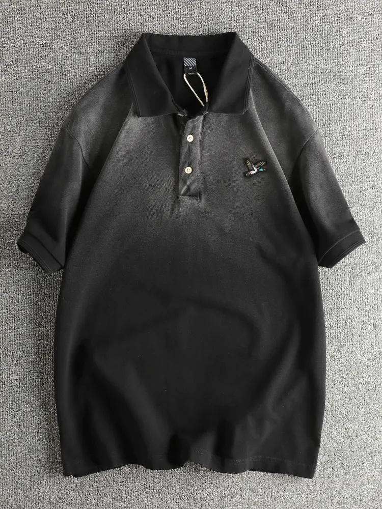 Summer New American Retro Short-sleeved Lapel Bird Embroidered Polo Shirt Men's Fashion 100% Cotton Washed Casual Loose Tops