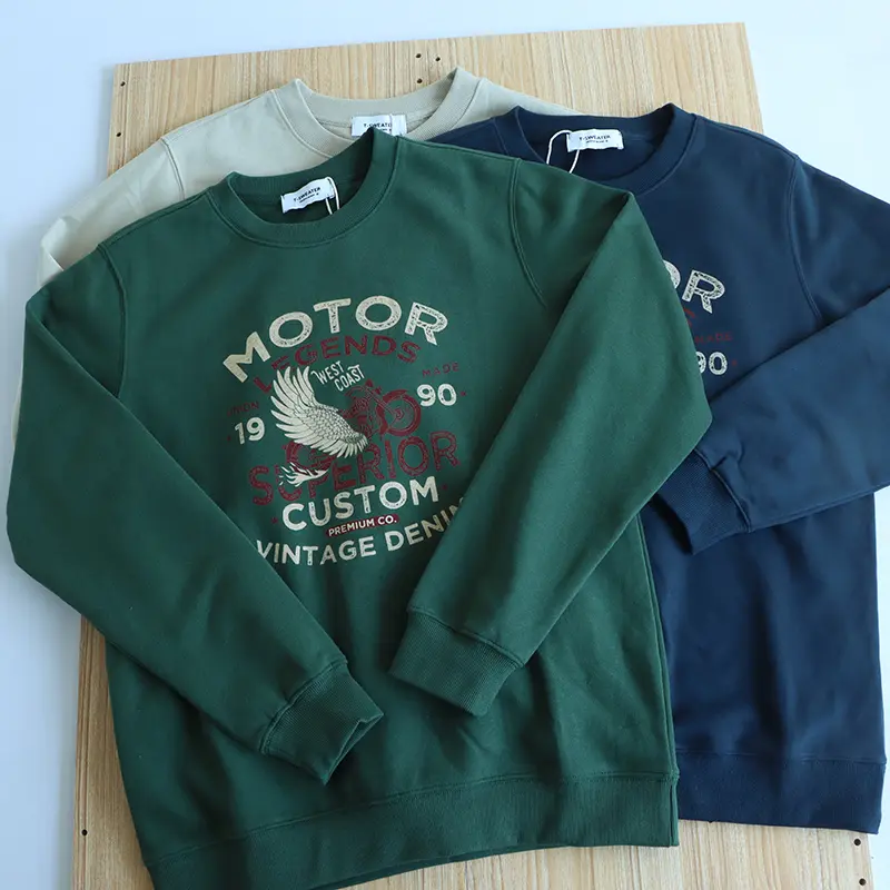 2026 Spring New American Retro Long Sleeve O-neck Letter Motorcycle Printed Sweatshirts Men's 85% Cotton Pullover Casual Tops
