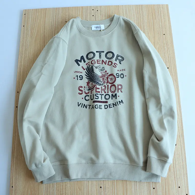 2026 Spring New American Retro Long Sleeve O-neck Letter Motorcycle Printed Sweatshirts Men's 85% Cotton Pullover Casual Tops
