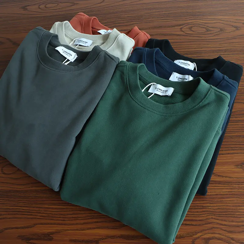 2025 Autumn Winter American Retro Heavyweight Velvet Solid Color Basic Sweatershirt Men's Simple 85% Cotton Washed Pullover Tops