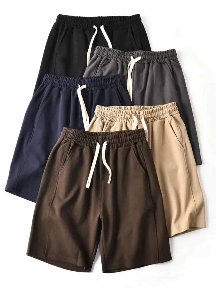 Summer New American Retro Knitted Solid Color Shorts Men's Fashion Loose Elastic Wasit Drawstring Sport Casual 5-point Pants